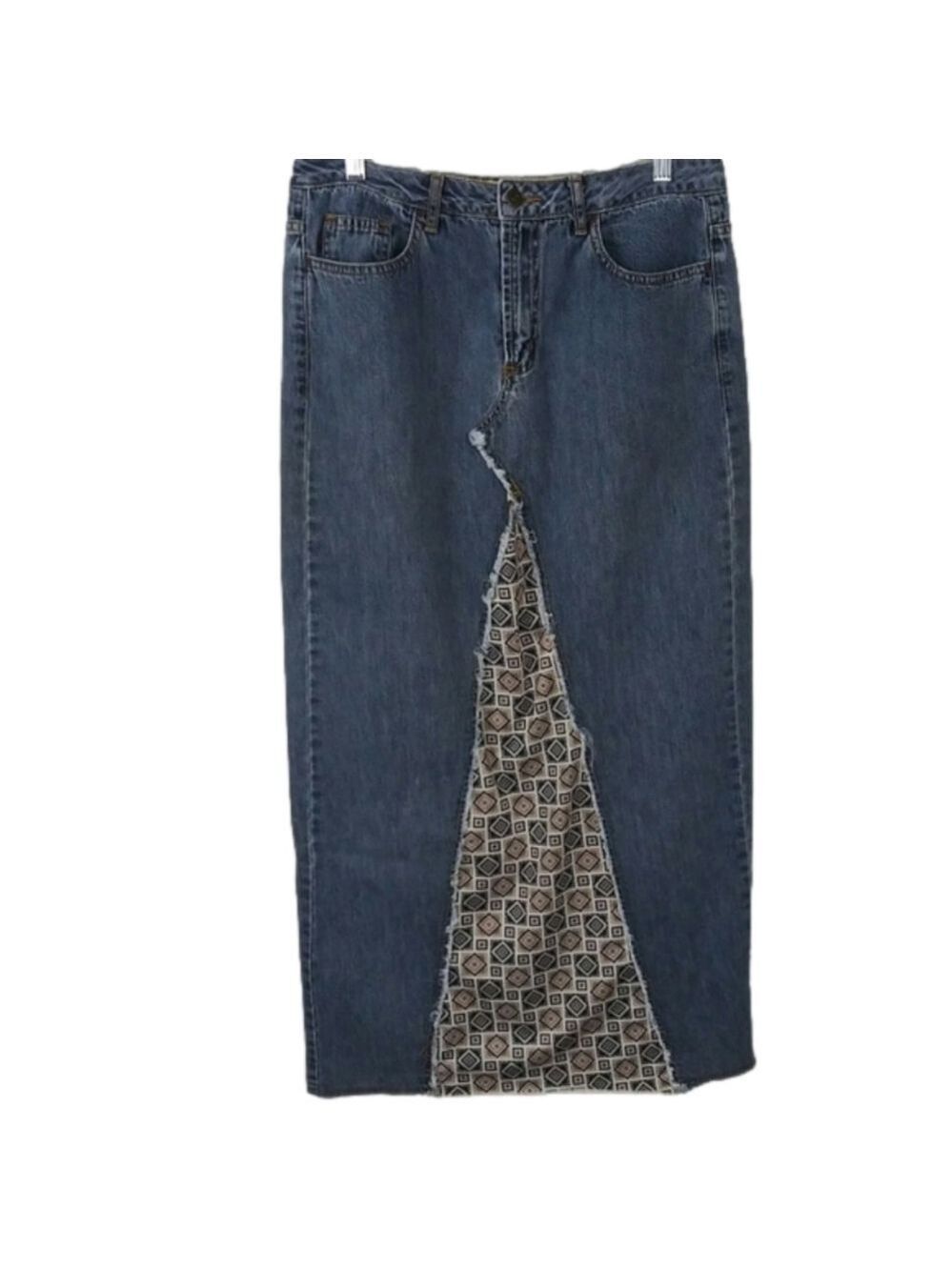 Z. Cavaricci Authentic Blue Medium Wash Mid Rise A-Line Boho Denim Maxi Skirt